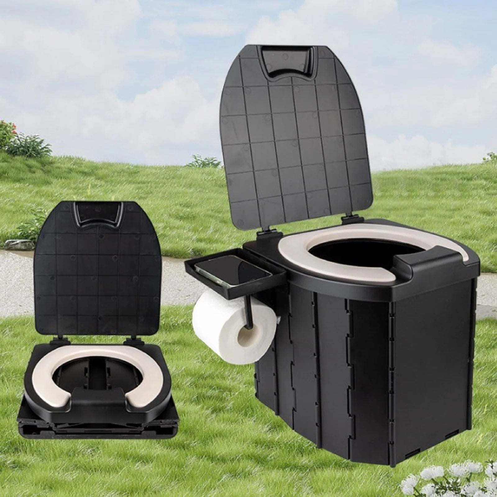 Toilettes pliables ultra-compactes dépliées, couvercle ouvert