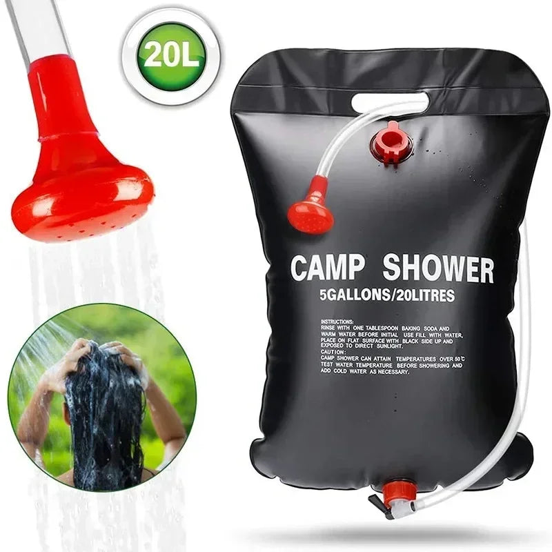 Douche solaire 20 L avec pommeau, sac de camping noir